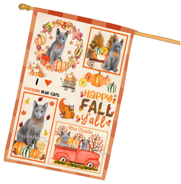 Happy Fall Y'all Pumpkin Russian Blue Cats House Flag Outdoor Decorative Double Sided Pet Portrait Weather Resistant Premium Quality Animal Printed Home Decorative Flags 100% Polyester