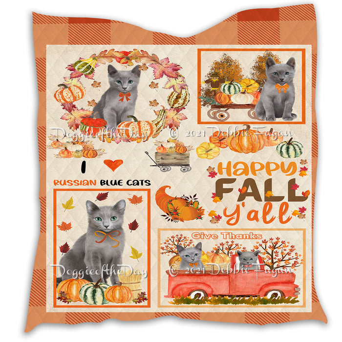 Happy Fall Y'all Pumpkin Russian Blue Cats Quilt Bed Coverlet Bedspread - Pets Comforter Unique One-side Animal Printing - Soft Lightweight Durable Washable Polyester Quilt
