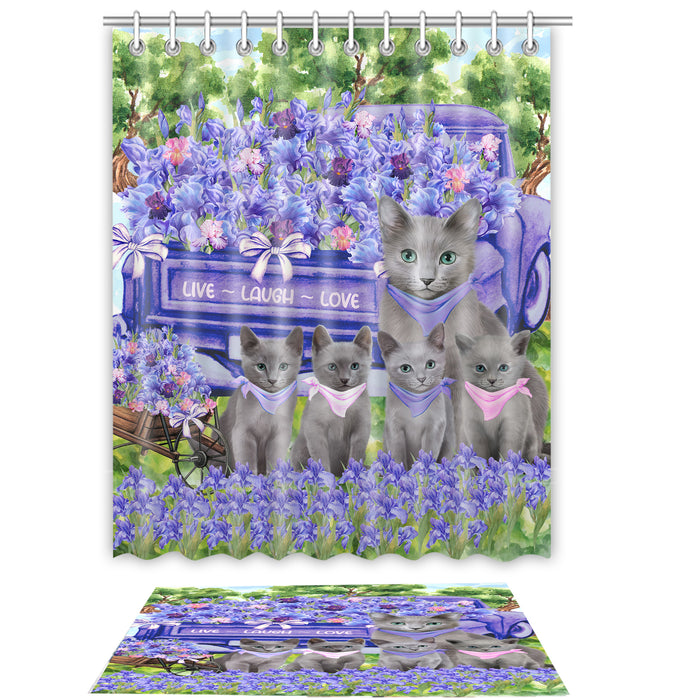 Russian Blue Shower Curtain with Bath Mat Combo: Curtains with hooks and Rug Set Bathroom Decor, Custom, Explore a Variety of Designs, Personalized, Pet Gift for Cat Lovers