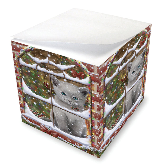Please Come Home For Christmas Russian Blue Cat Sitting In Window Note Cube NOC55290