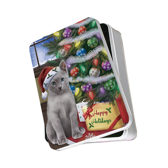 Christmas Happy Holidays Russian Blue Cat with Tree and Presents Photo Storage Tin PITN53470