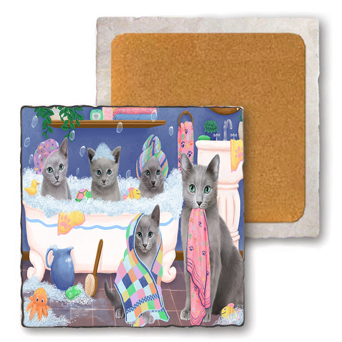 Rub A Dub Dogs In A Tub Russian Blue Cats Set of 4 Natural Stone Marble Tile Coasters MCST51816