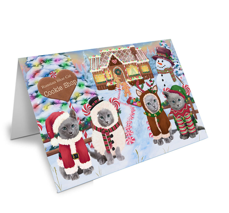 Holiday Gingerbread Cookie Shop Russian Blue Cats Handmade Artwork Assorted Pets Greeting Cards and Note Cards with Envelopes for All Occasions and Holiday Seasons GCD74354