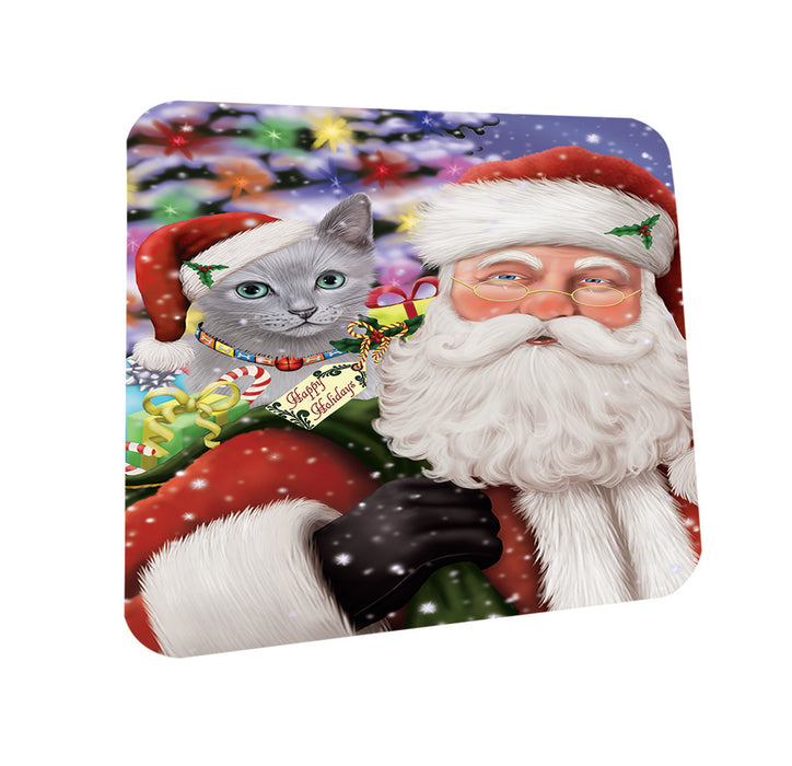 Santa Carrying Russian Blue Cat and Christmas Presents Coasters Set of 4 CST53659