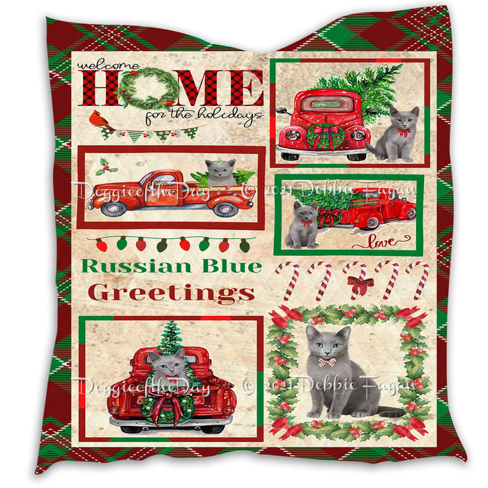 Welcome Home for Christmas Holidays Russian Blue Cats Quilt Bed Coverlet Bedspread - Pets Comforter Unique One-side Animal Printing - Soft Lightweight Durable Washable Polyester Quilt