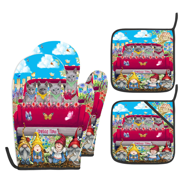 Russian Blue Oven Mitts and Pot Holder Set, Kitchen Gloves for Cooking with Potholders, Explore a Variety of Designs, Personalized, Custom, Cat Moms Gift