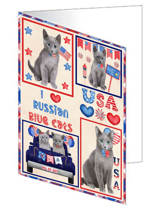 4th of July Independence Day I Love USA Russian Blue Cats Handmade Artwork Assorted Pets Greeting Cards and Note Cards with Envelopes for All Occasions and Holiday Seasons