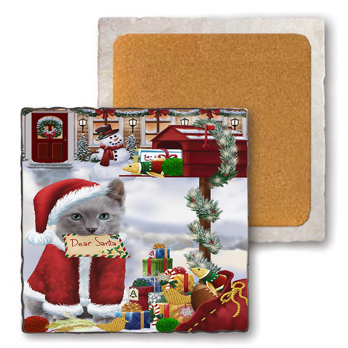 Russian Blue Cat Dear Santa Letter Christmas Holiday Mailbox Set of 4 Natural Stone Marble Tile Coasters MCST48551