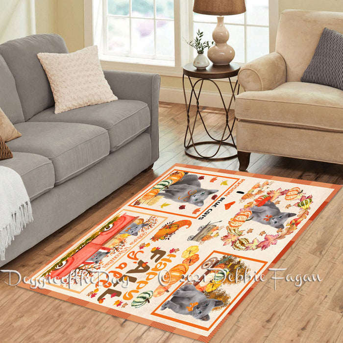 Happy Fall Y'all Pumpkin Russian Blue Cats Polyester Living Room Carpet Area Rug ARUG67069