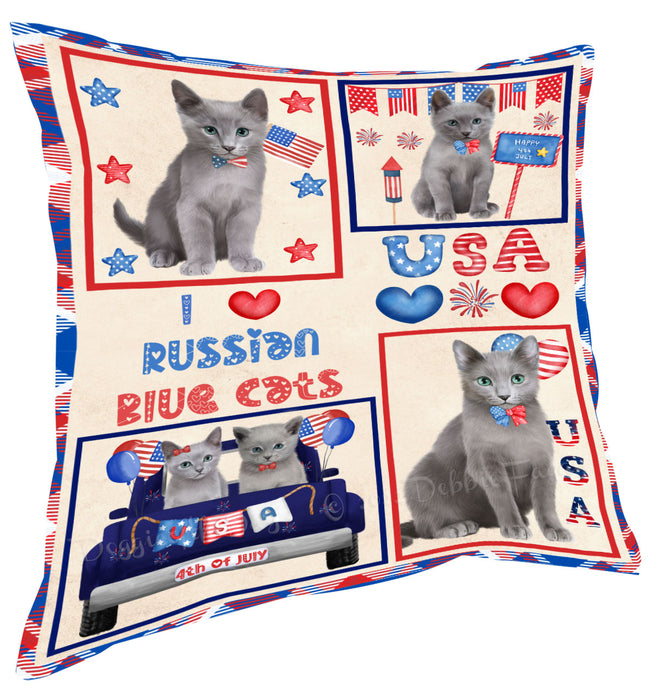 4th of July Independence Day I Love USA Russian Blue Cats Pillow with Top Quality High-Resolution Images - Ultra Soft Pet Pillows for Sleeping - Reversible & Comfort - Ideal Gift for Dog Lover - Cushion for Sofa Couch Bed - 100% Polyester