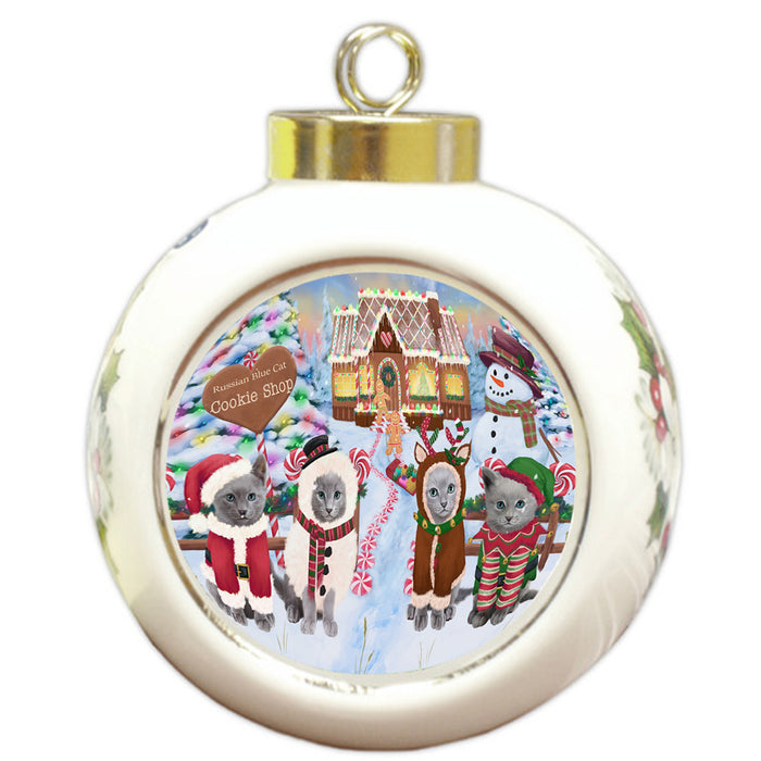 Holiday Gingerbread Cookie Shop Russian Blue Cats Round Ball Christmas Ornament RBPOR56969