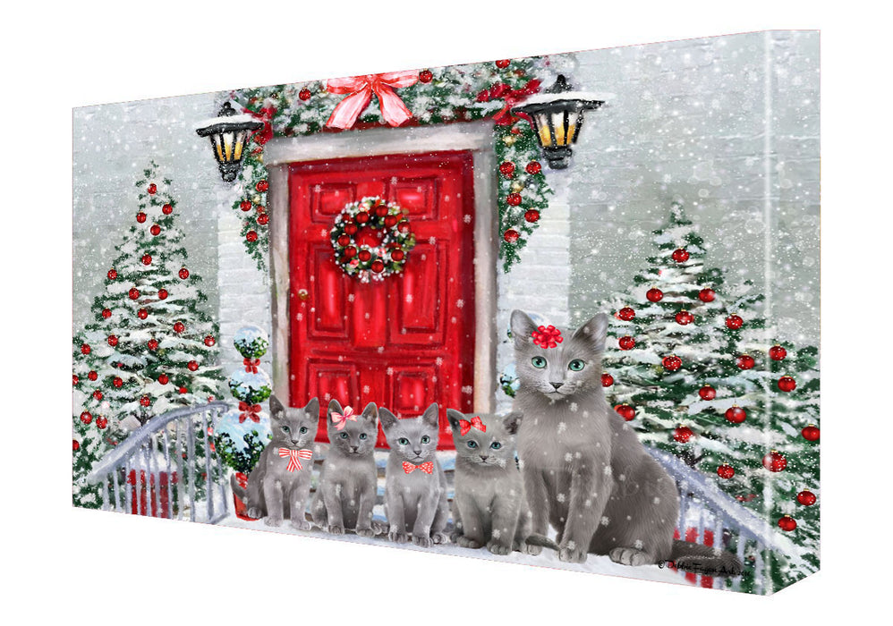 Christmas Holiday Welcome Russian Blue Cats Canvas Wall Art - Premium Quality Ready to Hang Room Decor Wall Art Canvas - Unique Animal Printed Digital Painting for Decoration
