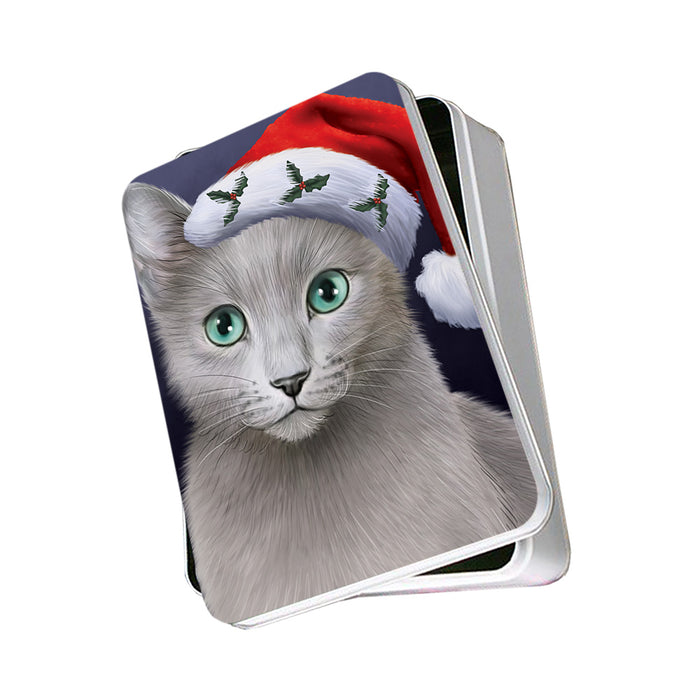 Christmas Holidays Russian Blue Cat Wearing Santa Hat Portrait Head Photo Storage Tin PITN53503
