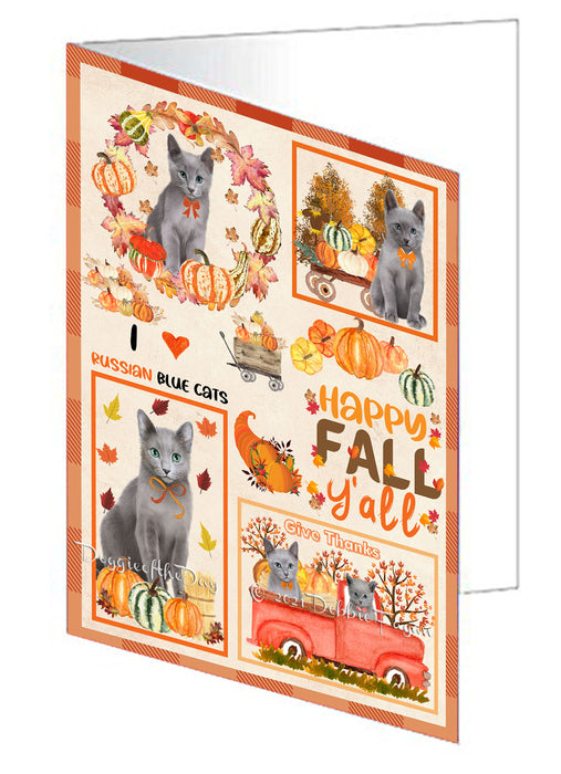 Happy Fall Y'all Pumpkin Russian Blue Cats Handmade Artwork Assorted Pets Greeting Cards and Note Cards with Envelopes for All Occasions and Holiday Seasons GCD77102