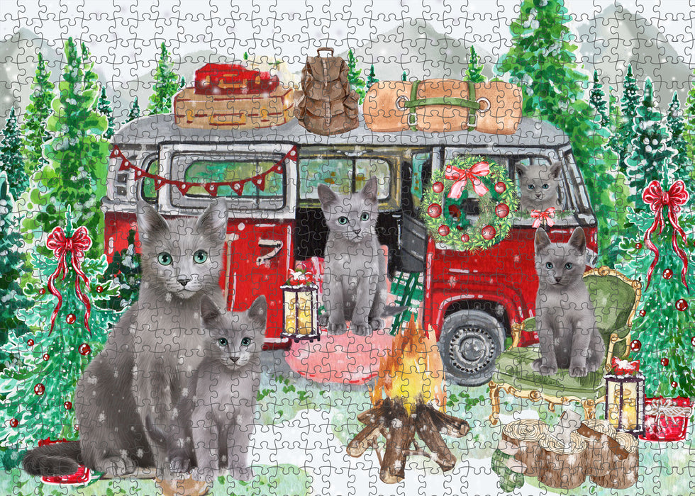 Christmas Time Camping with Russian Blue Cats Portrait Jigsaw Puzzle for Adults Animal Interlocking Puzzle Game Unique Gift for Dog Lover's with Metal Tin Box