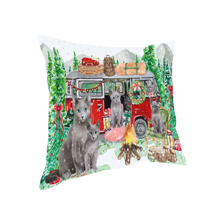 Christmas Time Camping with Russian Blue Cats Pillow with Top Quality High-Resolution Images - Ultra Soft Pet Pillows for Sleeping - Reversible & Comfort - Ideal Gift for Dog Lover - Cushion for Sofa Couch Bed - 100% Polyester