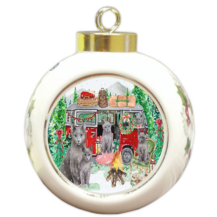 Christmas Time Camping with Russian Blue Cats Round Ball Christmas Ornament Pet Decorative Hanging Ornaments for Christmas X-mas Tree Decorations - 3" Round Ceramic Ornament