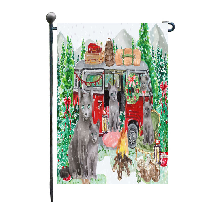 Christmas Time Camping with Russian Blue Cats Garden Flags- Outdoor Double Sided Garden Yard Porch Lawn Spring Decorative Vertical Home Flags 12 1/2"w x 18"h