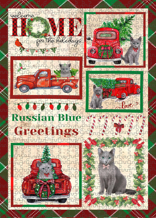 Welcome Home for Christmas Holidays Russian Blue Cats Portrait Jigsaw Puzzle for Adults Animal Interlocking Puzzle Game Unique Gift for Dog Lover's with Metal Tin Box
