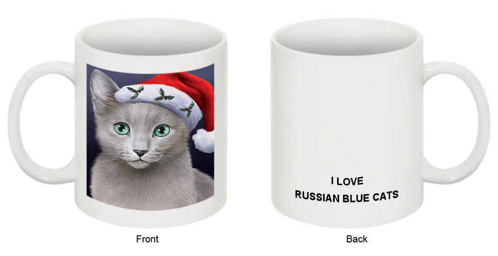 Christmas Holidays Russian Blue Cat Wearing Santa Hat Portrait Head Coffee Mug MUG48901