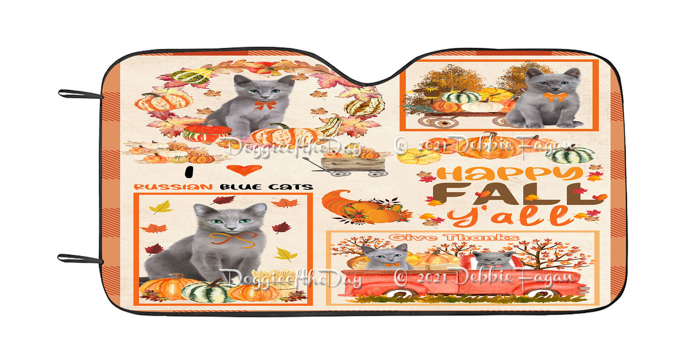 Happy Fall Y'all Pumpkin Russian Blue Cats Car Sun Shade Cover Curtain