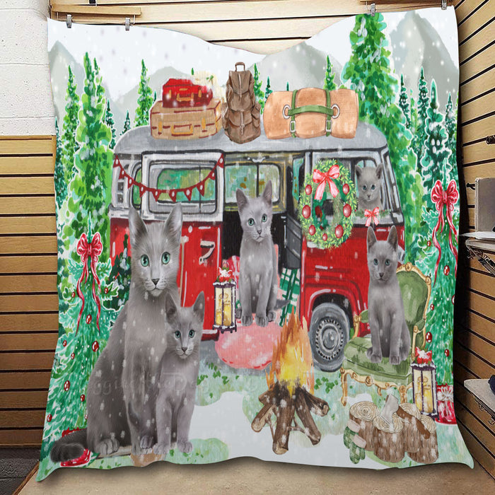 Christmas Time Camping with Russian Blue Cats  Quilt Bed Coverlet Bedspread - Pets Comforter Unique One-side Animal Printing - Soft Lightweight Durable Washable Polyester Quilt