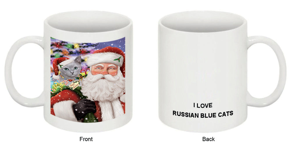 Santa Carrying Russian Blue Cat and Christmas Presents Coffee Mug MUG49099