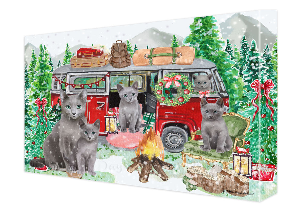 Christmas Time Camping with Russian Blue Cats Canvas Wall Art - Premium Quality Ready to Hang Room Decor Wall Art Canvas - Unique Animal Printed Digital Painting for Decoration