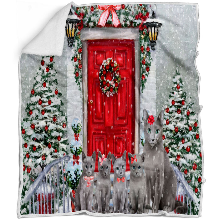 Christmas Holiday Welcome Russian Blue Cats Blanket - Lightweight Soft Cozy and Durable Bed Blanket - Animal Theme Fuzzy Blanket for Sofa Couch