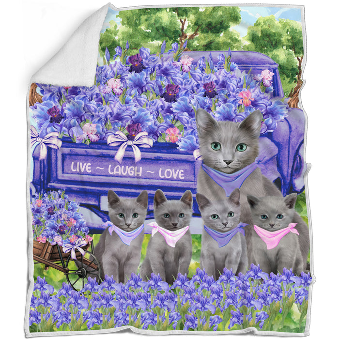 Russian Blue Blanket: Explore a Variety of Custom Designs, Bed Cozy Woven, Fleece and Sherpa, Personalized Cat Gift for Pet Lovers