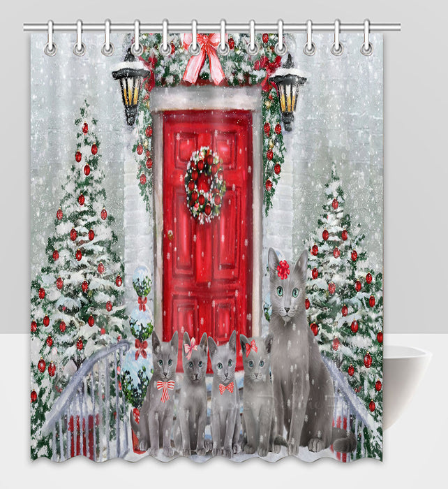 Christmas Holiday Welcome Russian Blue Cats Shower Curtain Pet Painting Bathtub Curtain Waterproof Polyester One-Side Printing Decor Bath Tub Curtain for Bathroom with Hooks