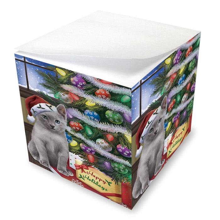 Christmas Happy Holidays Russian Blue Cat with Tree and Presents Note Cube NOC55116