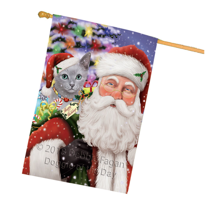 Santa Carrying Russian Blue Cat and Christmas Presents House Flag FLG53899