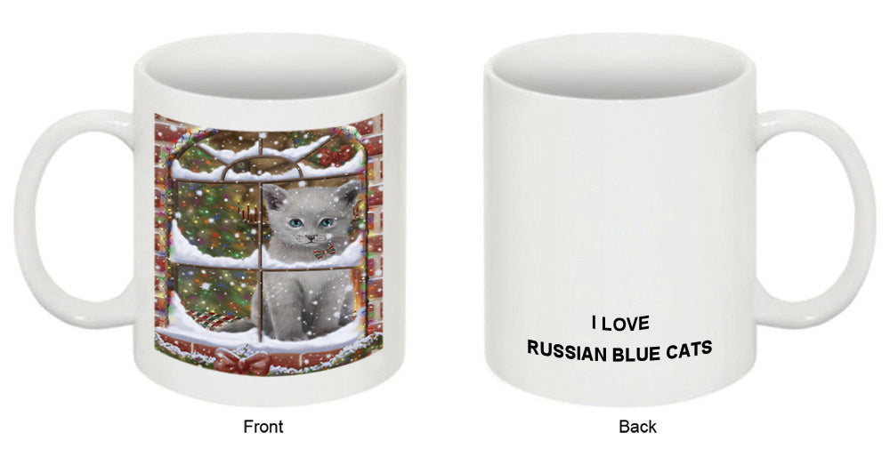 Please Come Home For Christmas Russian Blue Cat Sitting In Window Coffee Mug MUG49042