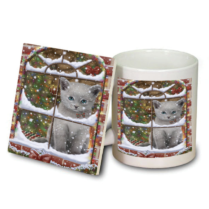 Please Come Home For Christmas Russian Blue Cat Sitting In Window Mug and Coaster Set MUC53636