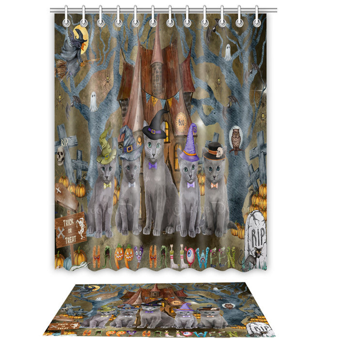 Russian Blue Shower Curtain & Bath Mat Set - Explore a Variety of Personalized Designs - Custom Rug and Curtains with hooks for Bathroom Decor - Pet and Cat Lovers Gift