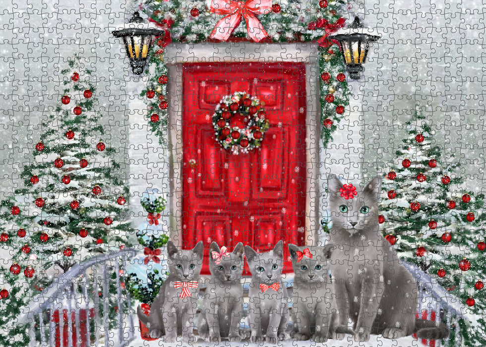 Christmas Holiday Welcome Russian Blue Cats Portrait Jigsaw Puzzle for Adults Animal Interlocking Puzzle Game Unique Gift for Dog Lover's with Metal Tin Box