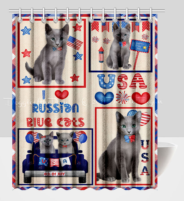 4th of July Independence Day I Love USA Russian Blue Cats Shower Curtain Pet Painting Bathtub Curtain Waterproof Polyester One-Side Printing Decor Bath Tub Curtain for Bathroom with Hooks