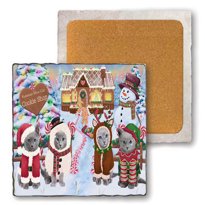 Holiday Gingerbread Cookie Shop Russian Blue Cats Set of 4 Natural Stone Marble Tile Coasters MCST51613