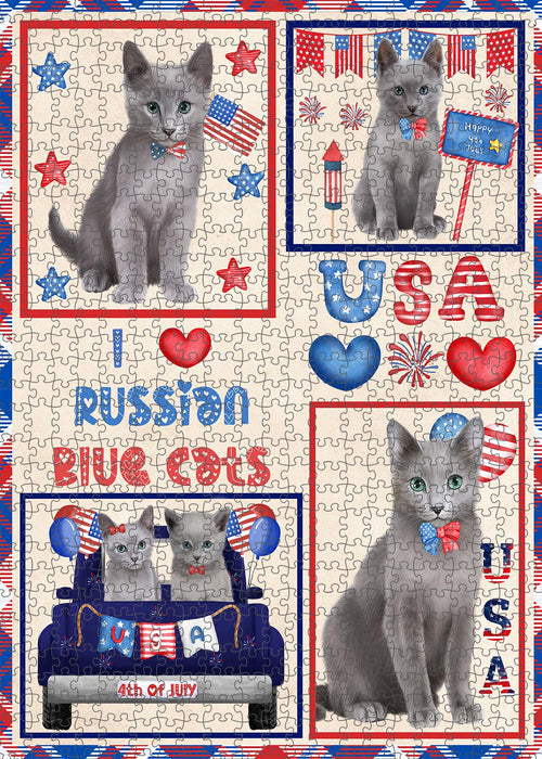4th of July Independence Day I Love USA Russian Blue Cats Portrait Jigsaw Puzzle for Adults Animal Interlocking Puzzle Game Unique Gift for Dog Lover's with Metal Tin Box