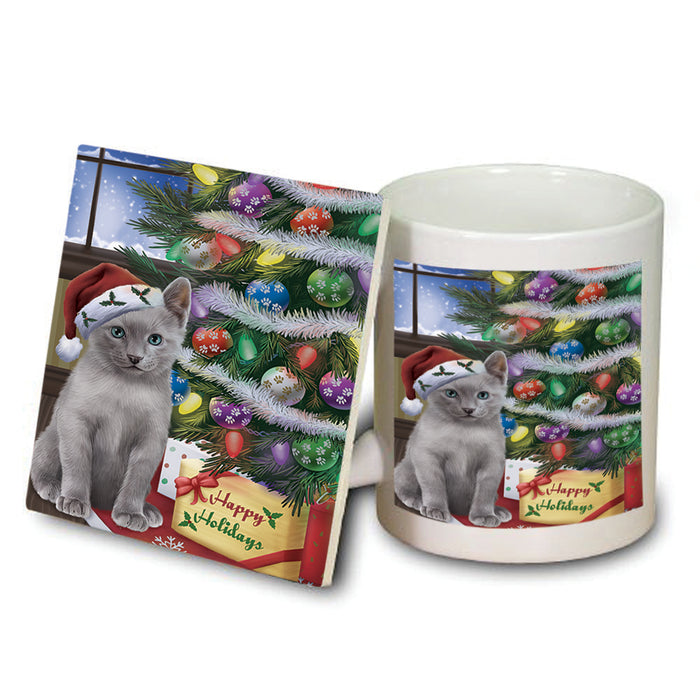 Christmas Happy Holidays Russian Blue Cat with Tree and Presents Mug and Coaster Set MUC53462