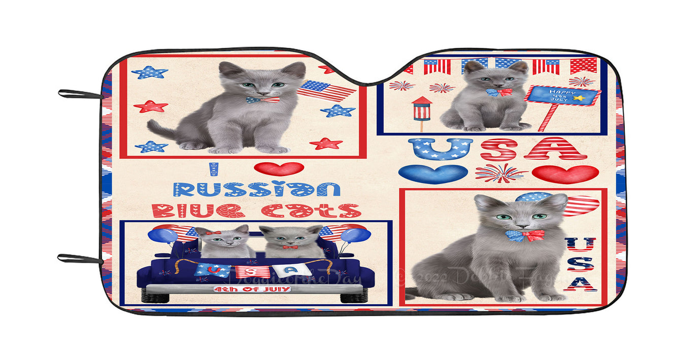 4th of July Independence Day I Love USA Russian Blue Cats Car Sun Shade Cover Curtain