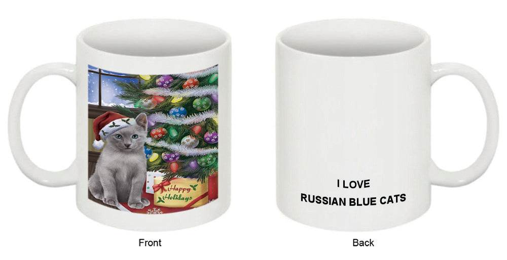 Christmas Happy Holidays Russian Blue Cat with Tree and Presents Coffee Mug MUG48868