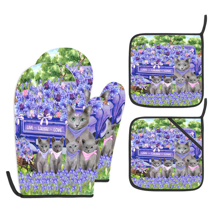 Russian Blue Oven Mitts and Pot Holder: Explore a Variety of Designs, Potholders with Kitchen Gloves for Cooking, Custom, Personalized, Gifts for Pet & Dog Lover