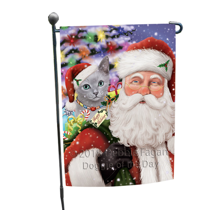 Santa Carrying Russian Blue Cat and Christmas Presents Garden Flag GFLG53763