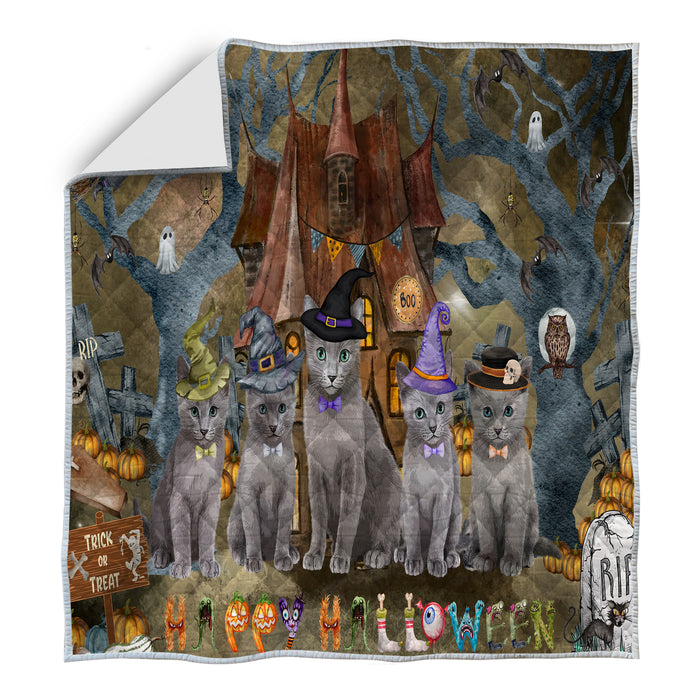Russian Blue Quilt: Explore a Variety of Designs, Halloween Bedding Coverlet Quilted, Personalized, Custom, Cat Gift for Pet Lovers