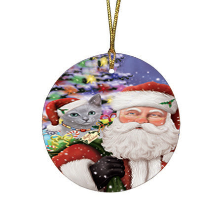 Santa Carrying Russian Blue Cat and Christmas Presents Round Flat Christmas Ornament RFPOR53692
