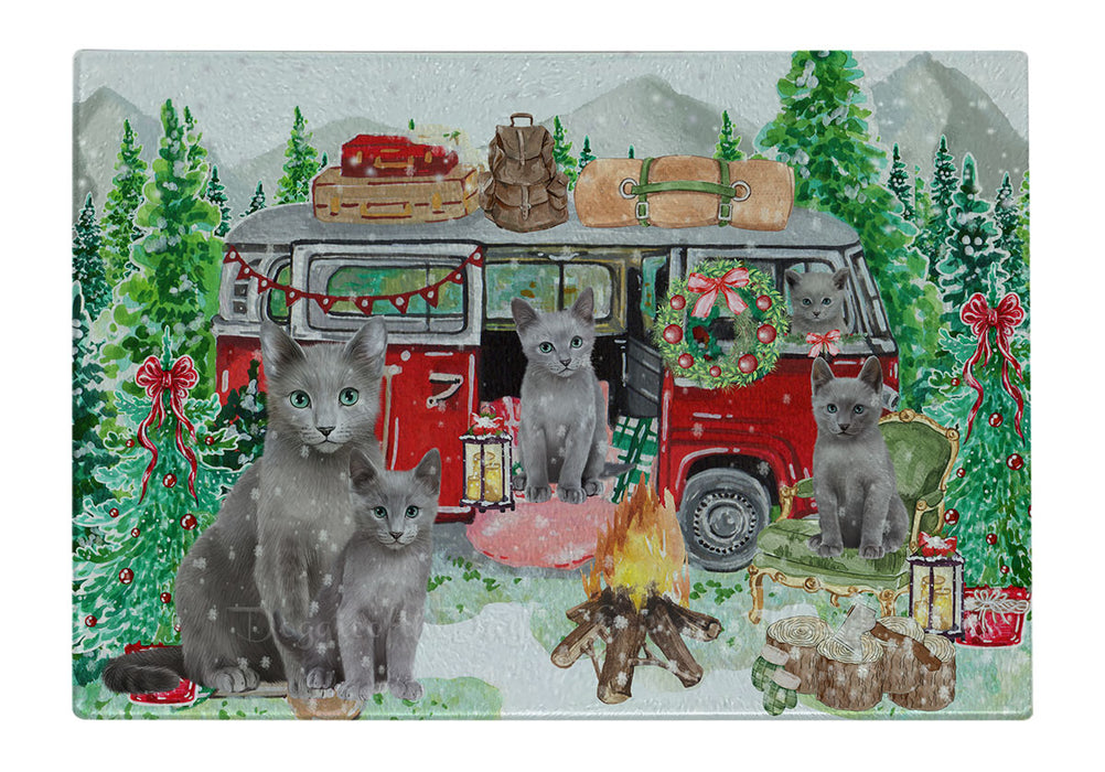 Christmas Time Camping with Russian Blue Cats Cutting Board - For Kitchen - Scratch & Stain Resistant - Designed To Stay In Place - Easy To Clean By Hand - Perfect for Chopping Meats, Vegetables