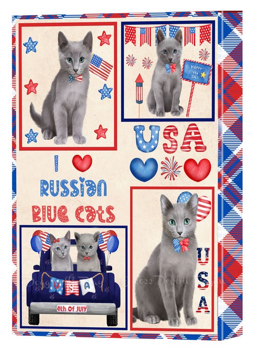 4th of July Independence Day I Love USA Russian Blue Cats Canvas Wall Art - Premium Quality Ready to Hang Room Decor Wall Art Canvas - Unique Animal Printed Digital Painting for Decoration