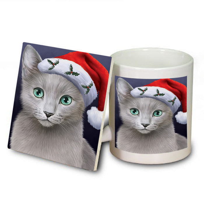 Christmas Holidays Russian Blue Cat Wearing Santa Hat Portrait Head Mug and Coaster Set MUC53495